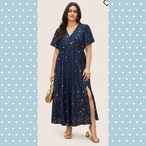 Dark Blue Star Button Pocket Faux Wrap Split Ruffles Maxi Dress